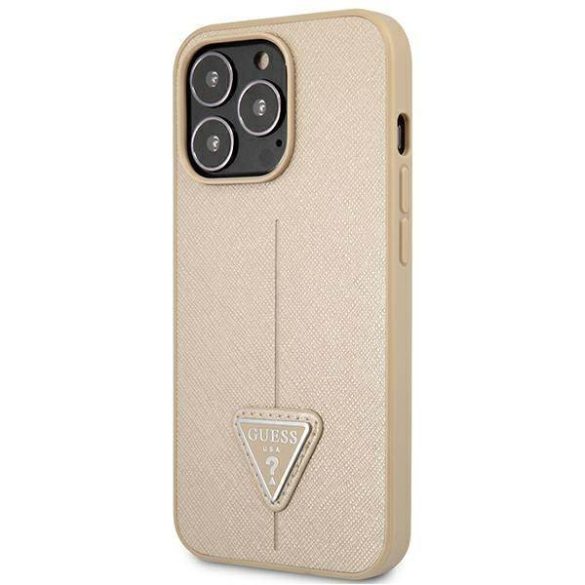 Guess GUHCP13LPSATLE iPhone 13 Pro / 13 6,1" bézs Saffiano háromszög logós keménytok kártyatartóval