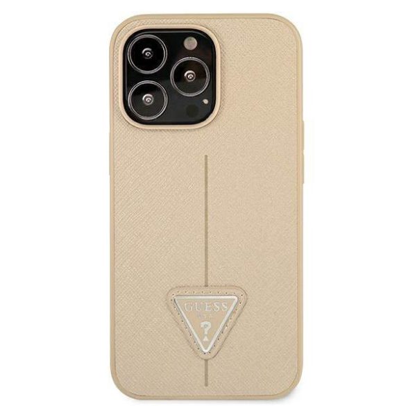 Guess GUHCP13LPSATLE iPhone 13 Pro / 13 6,1" bézs Saffiano háromszög logós keménytok kártyatartóval