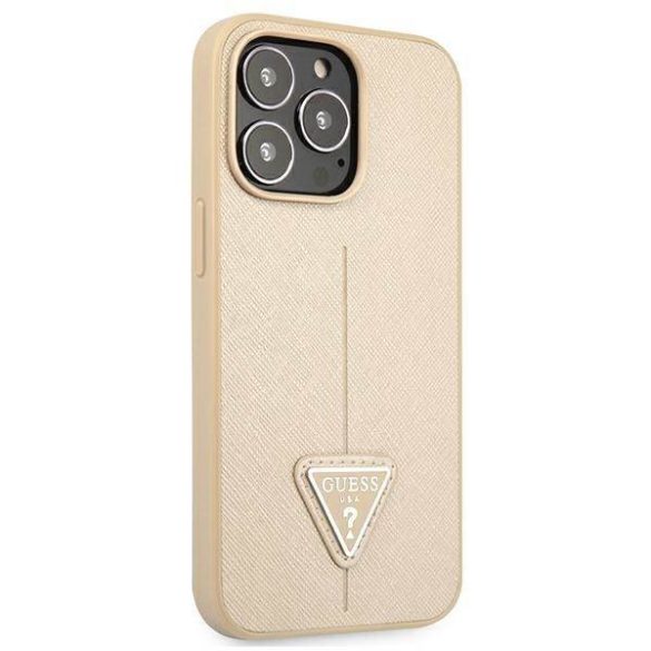 Guess GUHCP13LPSATLE iPhone 13 Pro / 13 6,1" bézs Saffiano háromszög logós keménytok kártyatartóval