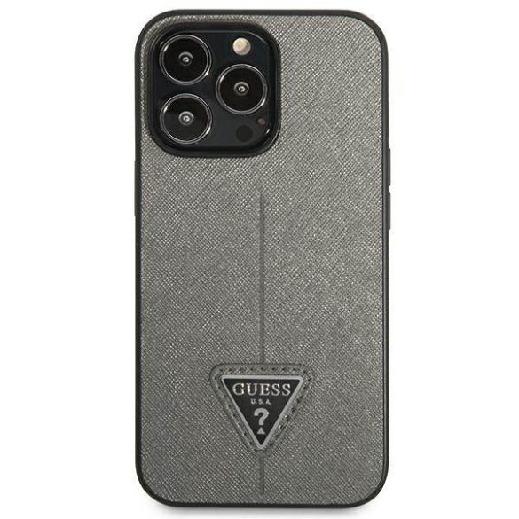 Guess GUHCP13LPSATLG iPhone 13 Pro / 13 6,1" ezüst Saffiano háromszög logós keménytok kártyatartóval