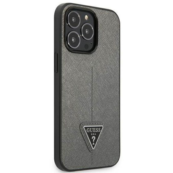 Guess GUHCP13LPSATLG iPhone 13 Pro / 13 6,1" ezüst Saffiano háromszög logós keménytok kártyatartóval