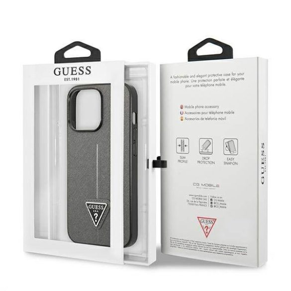 Guess GUHCP13LPSATLG iPhone 13 Pro / 13 6,1" ezüst Saffiano háromszög logós keménytok kártyatartóval