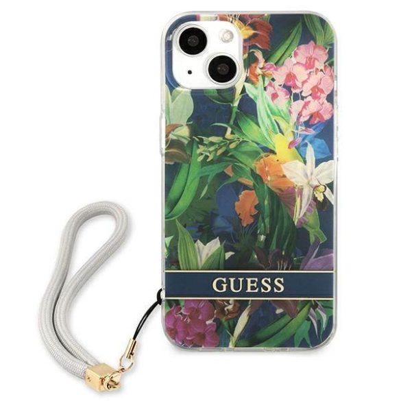 Guess GUHCP13SHFLSB iPhone 13 mini 5,4" kék virágos keménytok szíjjal