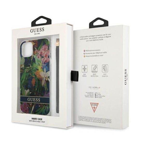 Guess GUHCP13SHFLSB iPhone 13 mini 5,4" kék virágos keménytok szíjjal