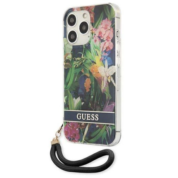 Guess GUHCP13LHFLSB iPhone 13 Pro / 13 6,1" kék virágos keménytok szíjjal