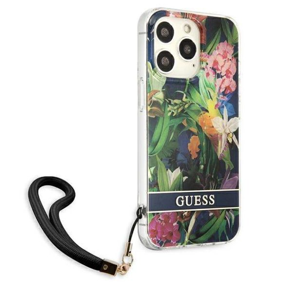 Guess GUHCP13LHFLSB iPhone 13 Pro / 13 6,1" kék virágos keménytok szíjjal