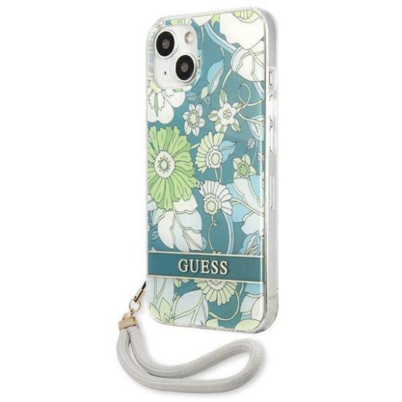 Guess GUHCP13SHFLSN iPhone 13 mini 5,4" zöld virágos keménytok szíjjal
