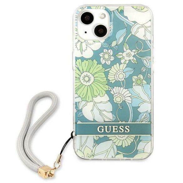 Guess GUHCP13SHFLSN iPhone 13 mini 5,4" zöld virágos keménytok szíjjal