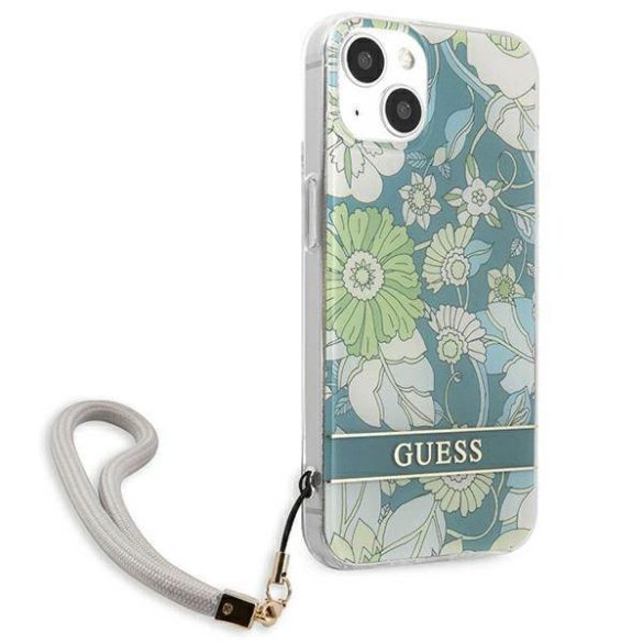 Guess GUHCP13SHFLSN iPhone 13 mini 5,4" zöld virágos keménytok szíjjal