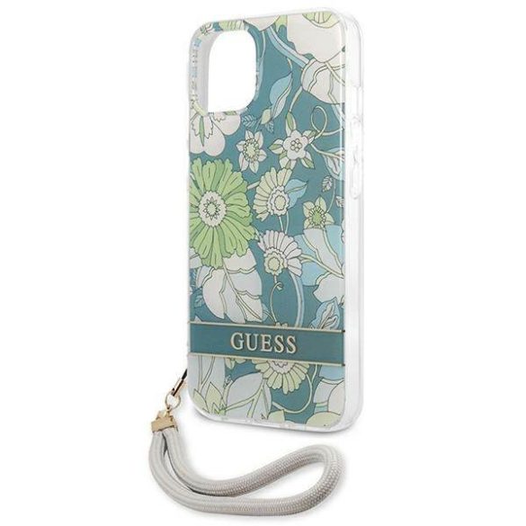 Guess GUHCP13SHFLSN iPhone 13 mini 5,4" zöld virágos keménytok szíjjal