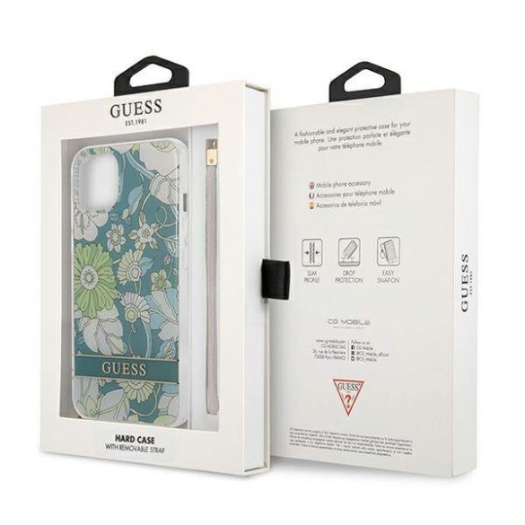 Guess GUHCP13SHFLSN iPhone 13 mini 5,4" zöld virágos keménytok szíjjal