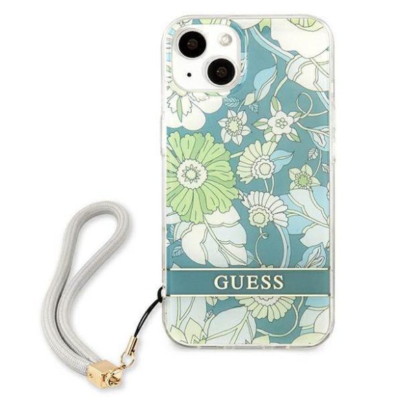 Guess GUHCP13MHFLSN iPhone 13 / 14 / 15 6.1" zöld keménytok virágos tok pánttal