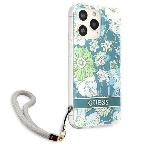 Guess GUHCP13LHFLSN iPhone 13 Pro / 13 6,1" zöld virágos keménytok szíjjal