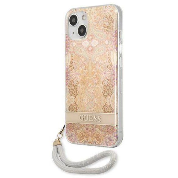 Guess GUHCP13SHFLSD iPhone 13 mini 5,4" arany virágos keménytok szíjjal