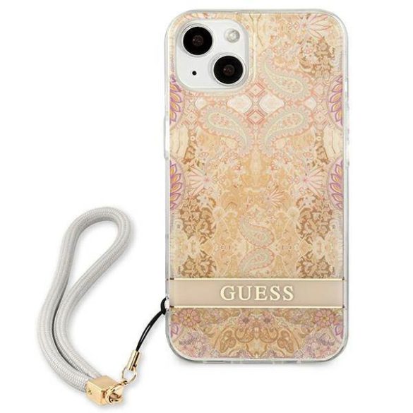 Guess GUHCP13SHFLSD iPhone 13 mini 5,4" arany virágos keménytok szíjjal