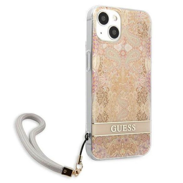 Guess GUHCP13SHFLSD iPhone 13 mini 5,4" arany virágos keménytok szíjjal