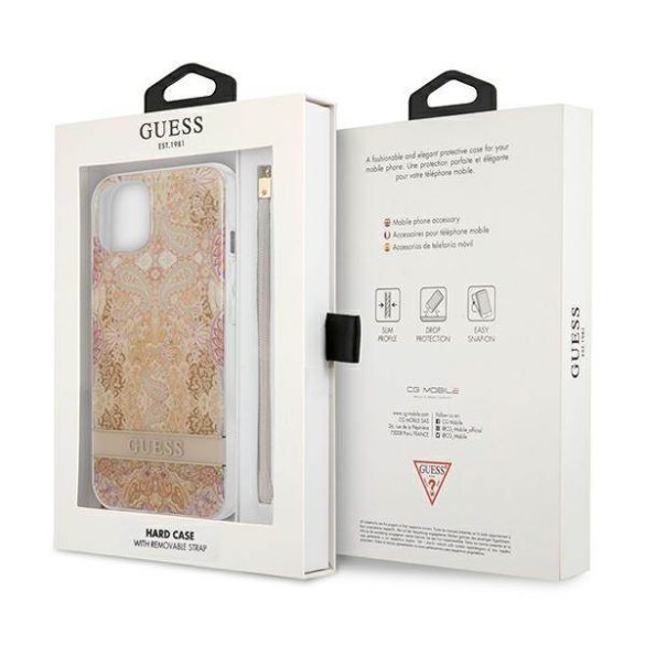 Guess GUHCP13SHFLSD iPhone 13 mini 5,4" arany virágos keménytok szíjjal