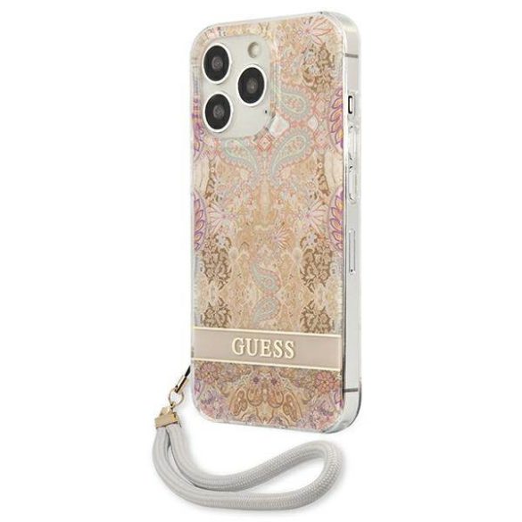 Guess GUHCP13LHFLSD iPhone 13 Pro / 13 6,1" arany virágos keménytok szíjjal