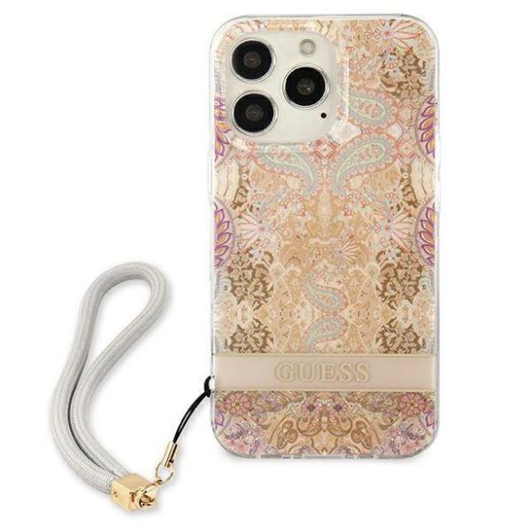 Guess GUHCP13LHFLSD iPhone 13 Pro / 13 6,1" arany virágos keménytok szíjjal