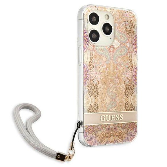 Guess GUHCP13LHFLSD iPhone 13 Pro / 13 6,1" arany virágos keménytok szíjjal