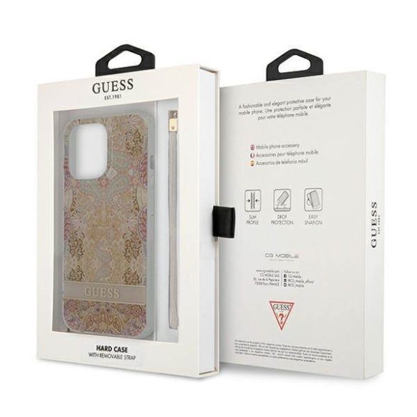 Guess GUHCP13LHFLSD iPhone 13 Pro / 13 6,1" arany virágos keménytok szíjjal