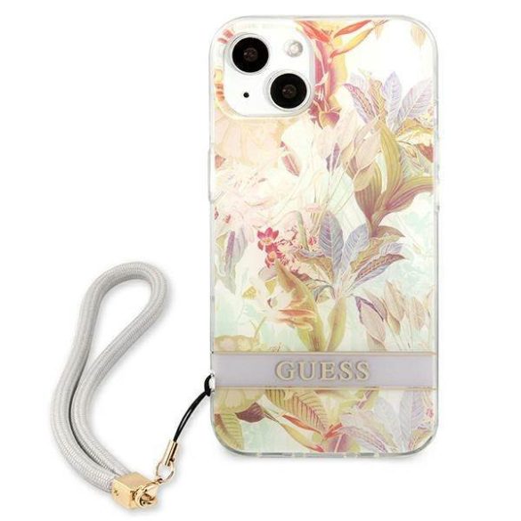 Guess GUHCP13SHFLSU iPhone 13 mini 5,4" lila virágos keménytok szíjjal
