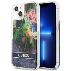   Guess GUHCP13SLFLSB iPhone 13 mini 5,4" kék virág folyékony csillogó kristályos keménytok