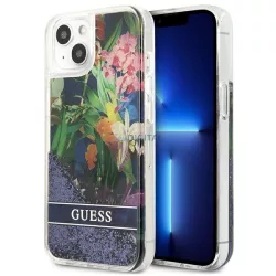  Guess GUHCP13SLFLSB iPhone 13 mini 5,4" kék virág folyékony csillogó kristályos keménytok