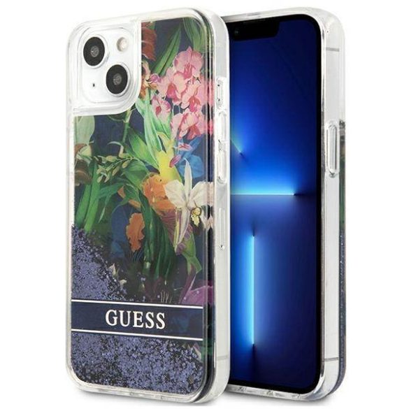 Guess GUHCP13SLFLSB iPhone 13 mini 5,4" kék virág folyékony csillogó kristályos keménytok