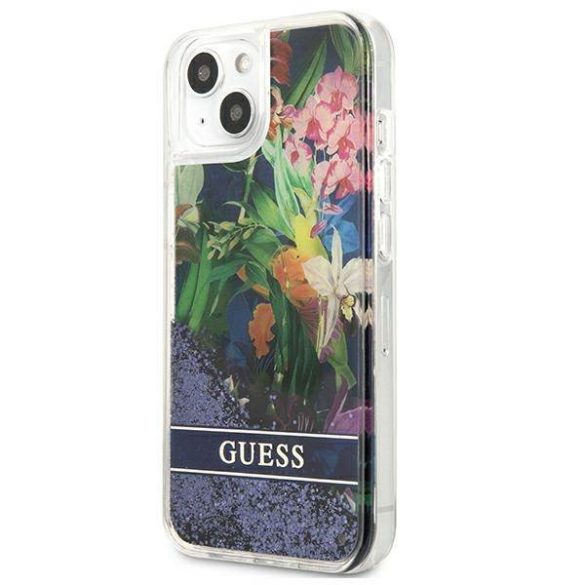 Guess GUHCP13SLFLSB iPhone 13 mini 5,4" kék virág folyékony csillogó kristályos keménytok