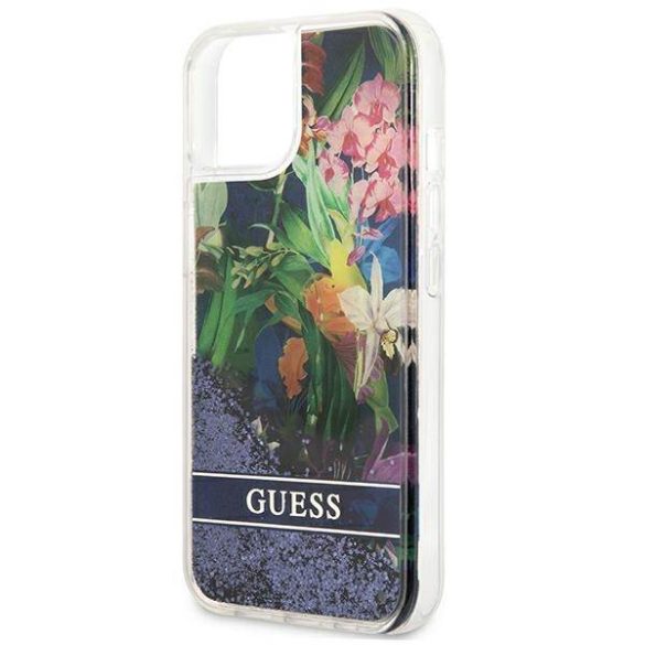 Guess GUHCP13SLFLSB iPhone 13 mini 5,4" kék virág folyékony csillogó kristályos keménytok