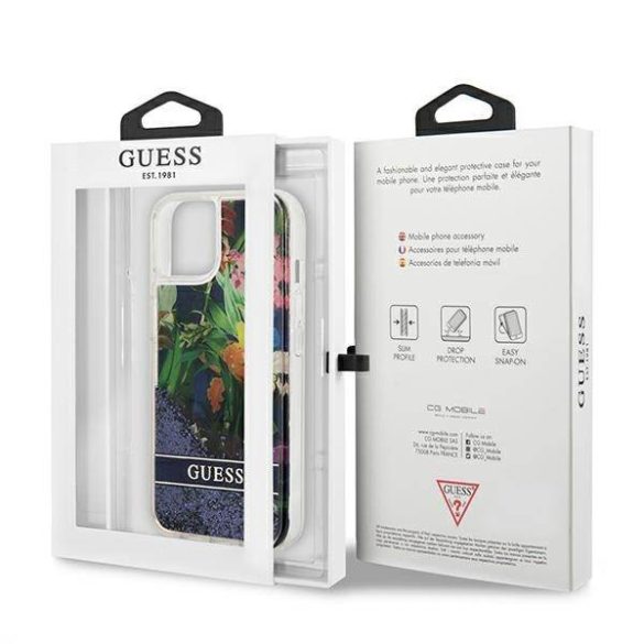 Guess GUHCP13SLFLSB iPhone 13 mini 5,4" kék virág folyékony csillogó kristályos keménytok