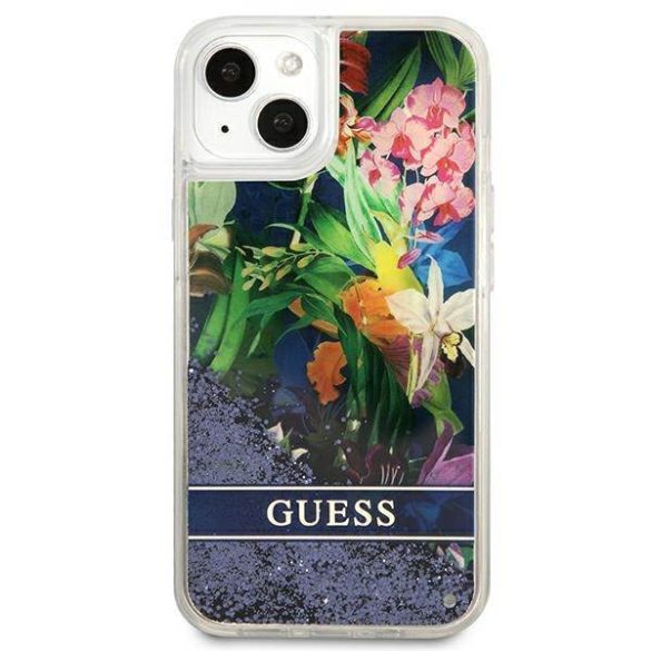 Guess GUHCP13MLFLSB iPhone 13 / 14 / 15 6.1" kék keménytok Flower Liquid Glitter