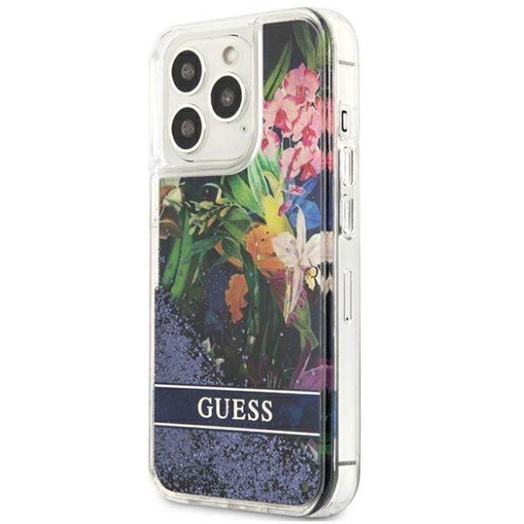 Guess GUHCP13LLFLSB iPhone 13 Pro / 13 6,1" kék virág folyékony csillogó kristályos keménytok