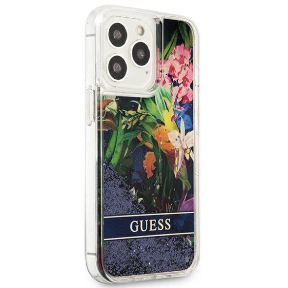 Guess GUHCP13LLFLSB iPhone 13 Pro / 13 6,1" kék virág folyékony csillogó kristályos keménytok