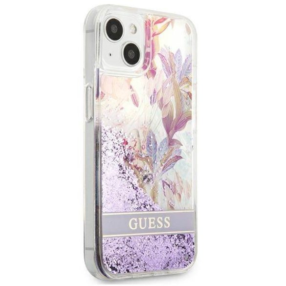 Guess GUHCP13SLFLSU iPhone 13 mini 5,4" lila virág folyékony csillogó kristályos keménytok