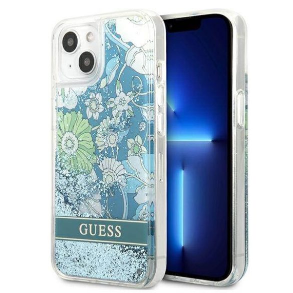 Guess GUHCP13SLFLSN iPhone 13 mini 5,4" zöld virág folyékony csillogó kristályos keménytok