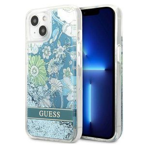 Guess GUHCP13MLFLSN iPhone 13 / 14 / 15 6.1" zöld keménytok Flower Liquid Glitter