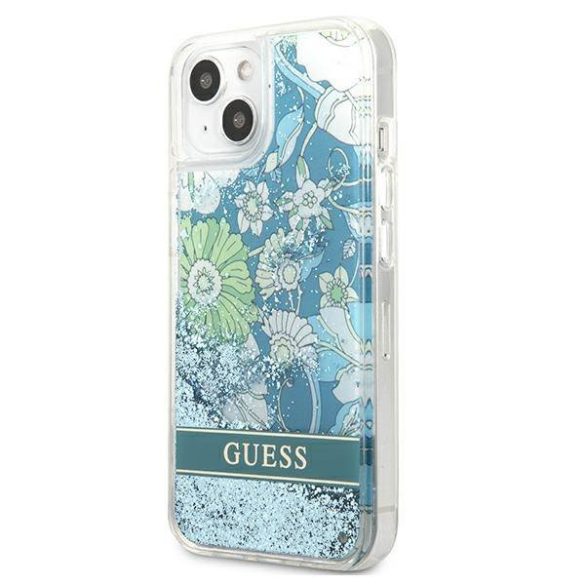 Guess GUHCP13MLFLSN iPhone 13 / 14 / 15 6.1" zöld keménytok Flower Liquid Glitter