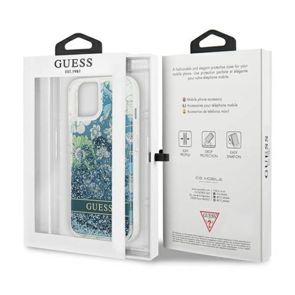 Guess GUHCP13MLFLSN iPhone 13 / 14 / 15 6.1" zöld keménytok Flower Liquid Glitter