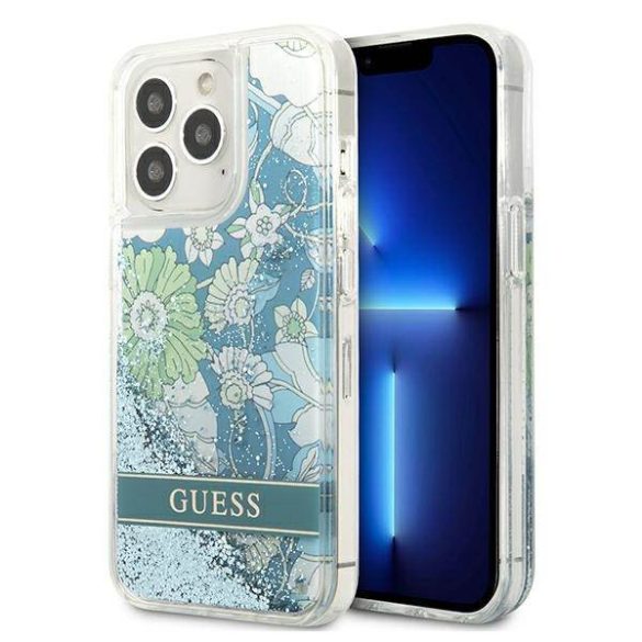 Guess GUHCP13LLFLSN iPhone 13 Pro / 13 6,1" zöld virág folyékony csillogó kristályos keménytok