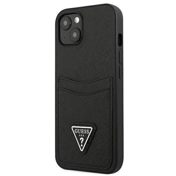 Guess GUHCP13SPSATPK iPhone 13 mini 5,4" fekete Saffiano háromszög logós keménytok kártyatartóval