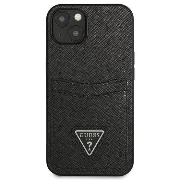 Guess GUHCP13SPSATPK iPhone 13 mini 5,4" fekete Saffiano háromszög logós keménytok kártyatartóval