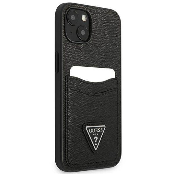 Guess GUHCP13SPSATPK iPhone 13 mini 5,4" fekete Saffiano háromszög logós keménytok kártyatartóval