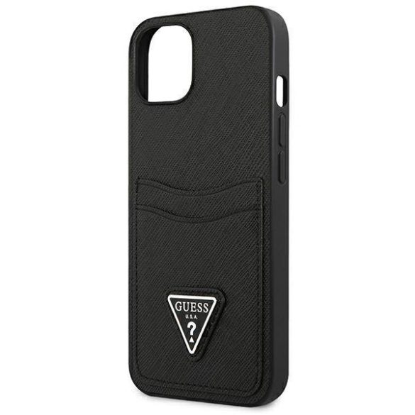 Guess GUHCP13SPSATPK iPhone 13 mini 5,4" fekete Saffiano háromszög logós keménytok kártyatartóval