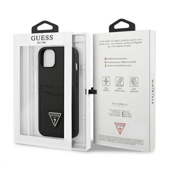 Guess GUHCP13SPSATPK iPhone 13 mini 5,4" fekete Saffiano háromszög logós keménytok kártyatartóval