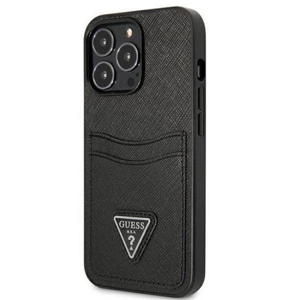 Guess GUHCP13LPSATPK iPhone 13 Pro / 13 6,1" fekete Saffiano háromszög logós keménytok kártyatartóval