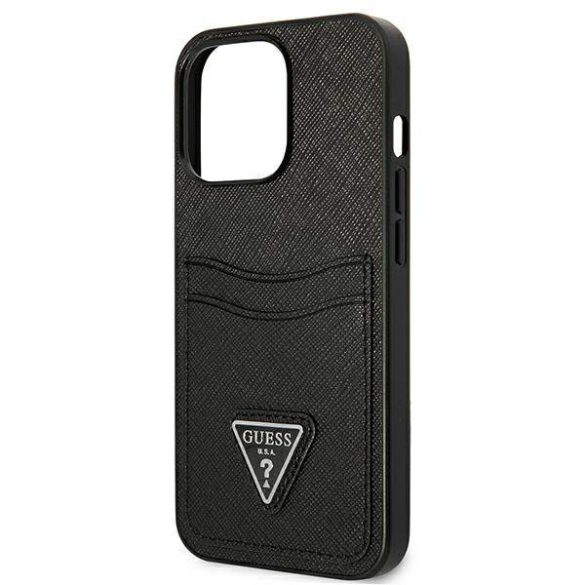 Guess GUHCP13LPSATPK iPhone 13 Pro / 13 6,1" fekete Saffiano háromszög logós keménytok kártyatartóval