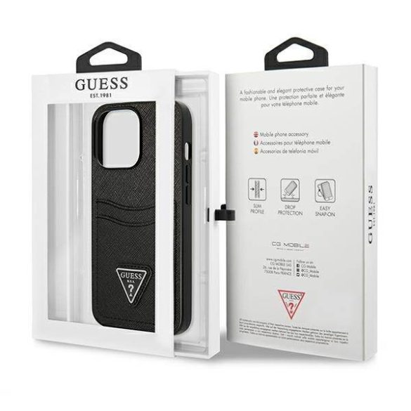 Guess GUHCP13LPSATPK iPhone 13 Pro / 13 6,1" fekete Saffiano háromszög logós keménytok kártyatartóval