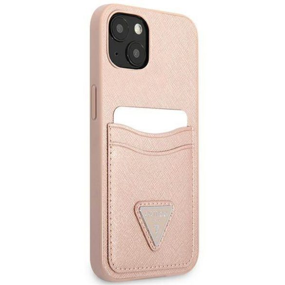 Guess GUHCP13SPSATPP iPhone 13 mini 5,4" rózsaszín Saffiano háromszög logós keménytok kártyatartóval